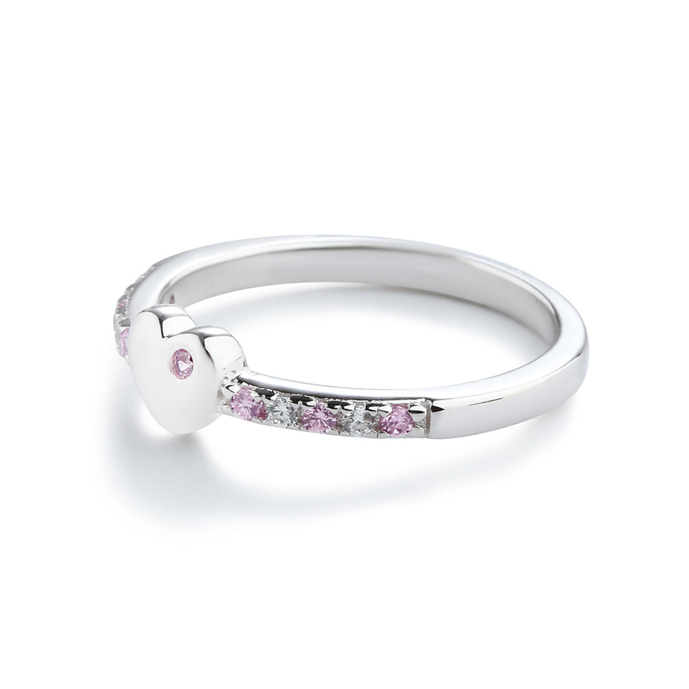 Little Girls Sterling Silver Puff Heart Ring with Pink and Clear CZ's