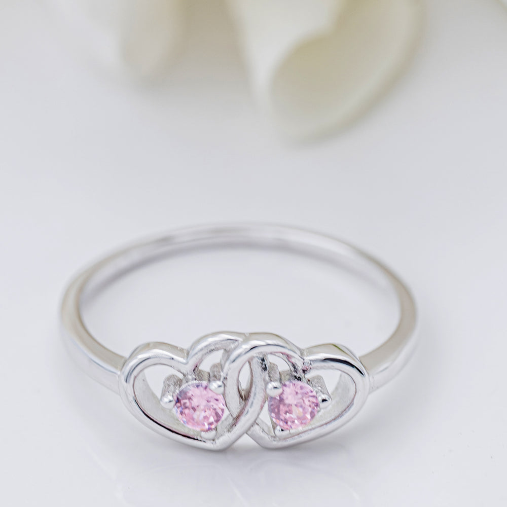 Sterling Silver Baby Ring with Double Hearts and Pink CZs for Girls