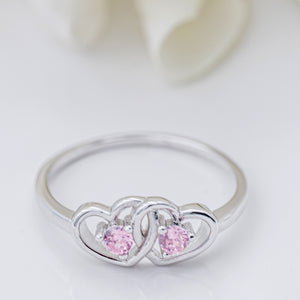 Sterling Silver Baby Ring with Double Hearts and Pink CZs for Girls