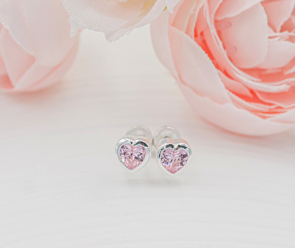 Sterling Silver Pink CZ Heart Earring for Baby and Kids