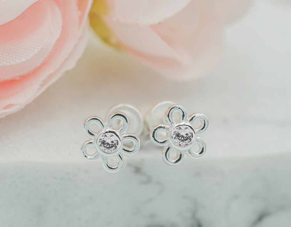 Sterling Silver Clear Outline Daisy Earrings for Little Girls