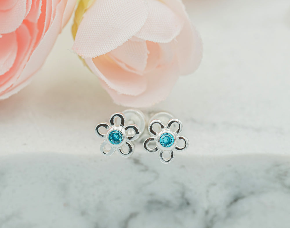 Sterling Silver Birthstone Daisy Earrings for Kids