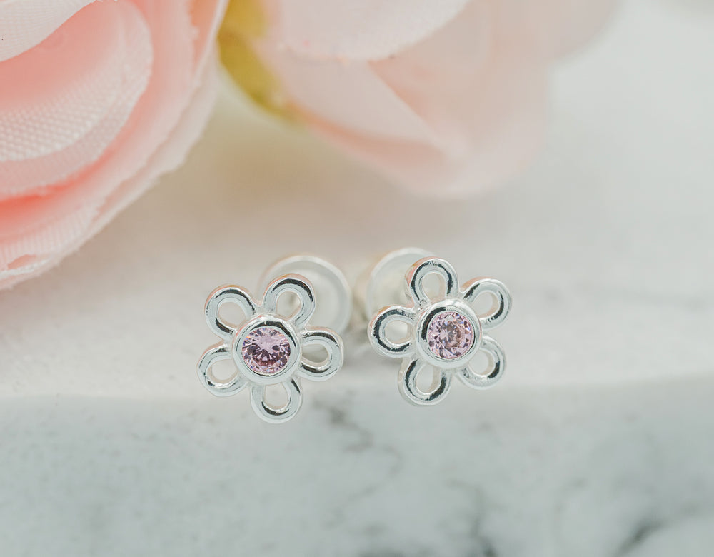 Sterling Silver Pink Outline Daisy Earrings for Baby and Kids