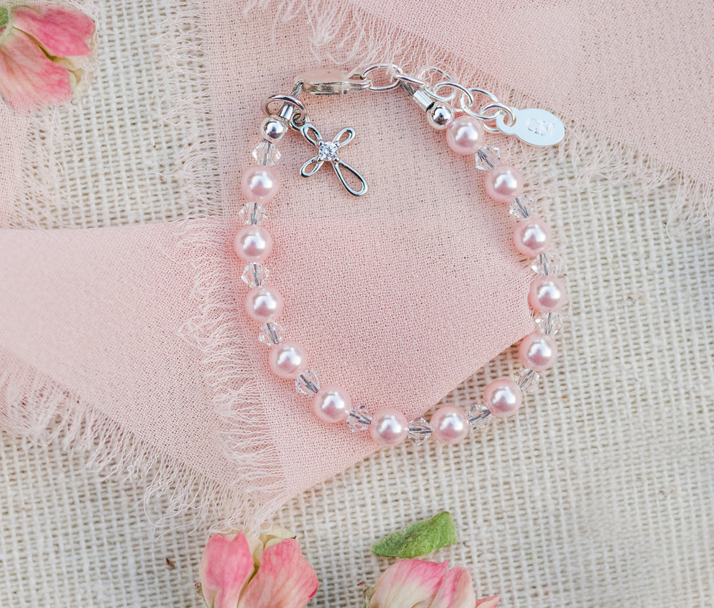 Sterling Silver Pink Simulated Pearl Cross Bracelet for Baptism and Communion Gifts - Cherished Moments Jewelry