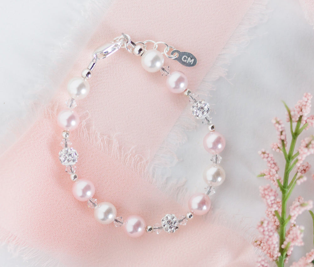 Sterling Silver Pink Pearl and  Stardust Bracelet for Kids, Toddlers, and Girls