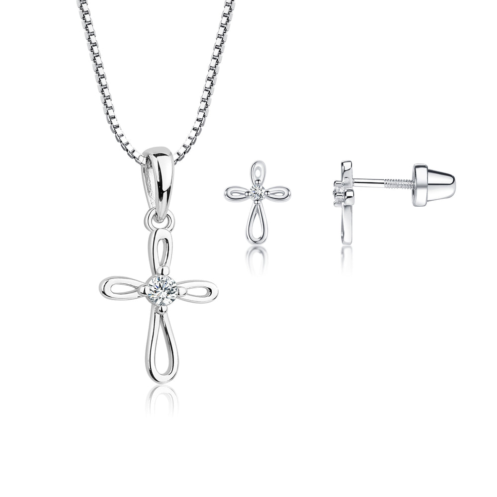 Sterling Silver Infinity Cross Necklace and Earrings for First Communion Gift for Girls