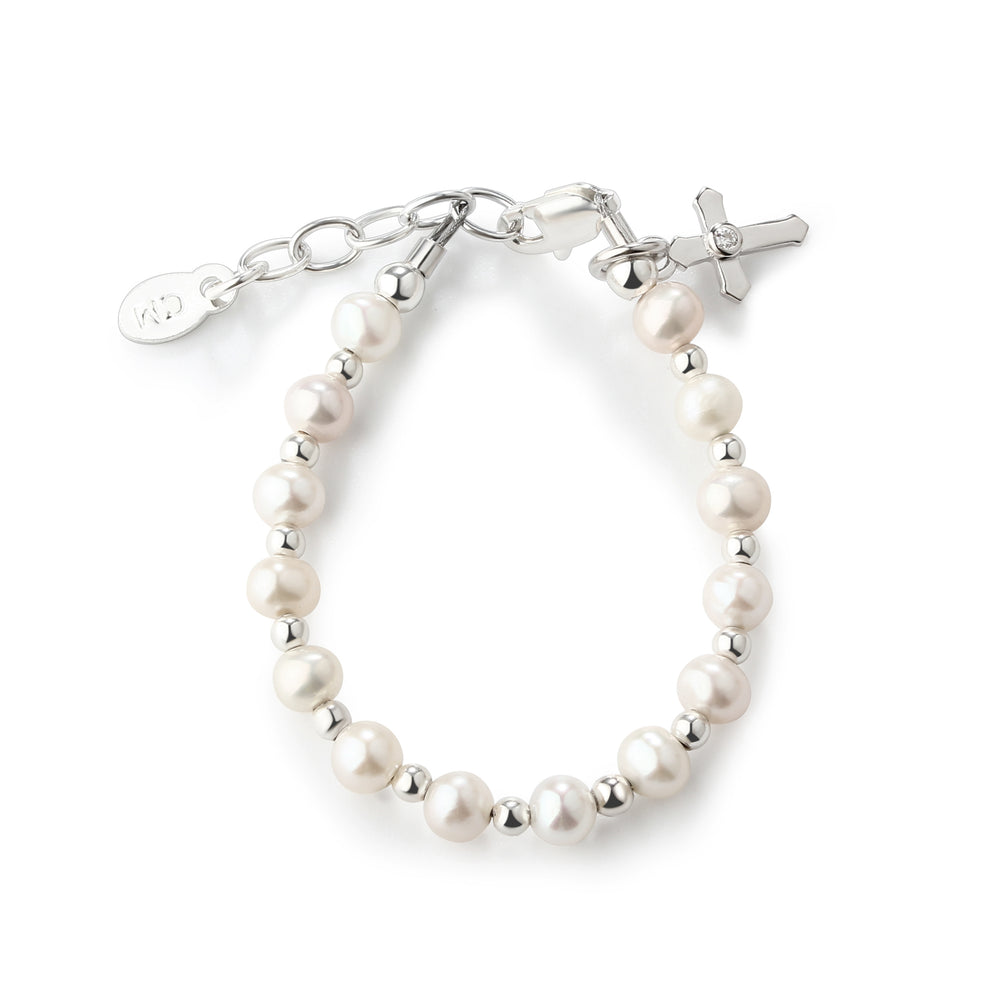 Sterling Silver Pearl Cross Baptism, Christening or Dedication Bracelet for Baby Girl