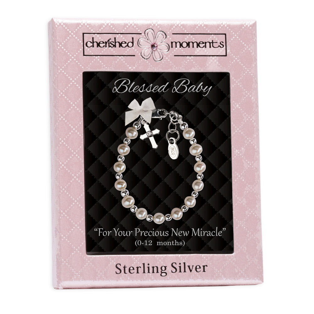 Sterling Silver High-End Austrian Simulated  Pearl Cross Baptism, Christening or Dedication Bracelet for Baby Girl - Cherished Moments Jewelry