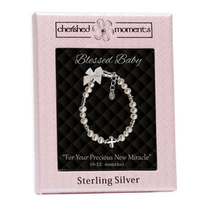 Sterling Silver High-End Austrian Simulated Pearl Baptism Cross Bracelet for Baby Girl - Cherished Moments Jewelry