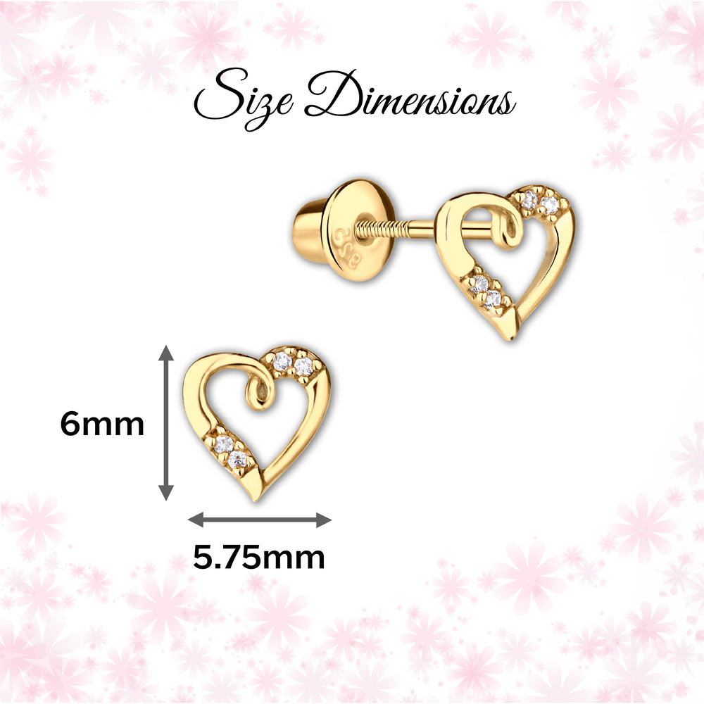 14K Gold-Plated Heart (Open) Earrings for Babies and Kids - dimensions