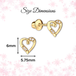 14K Gold-Plated Heart (Open) Earrings for Babies and Kids - dimensions