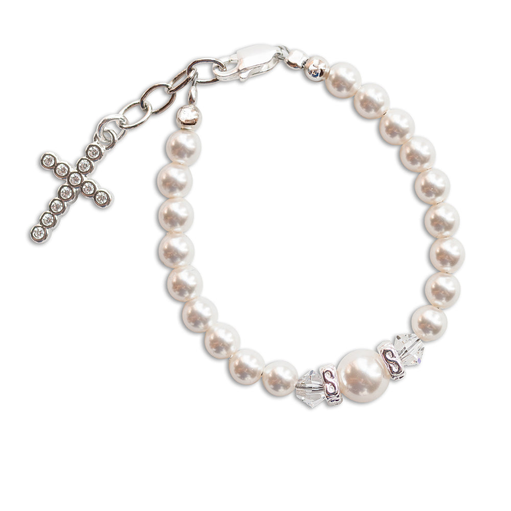 Pink & White Pearl Cross Charm Girls Infant Bracelet with Clear Crystals –  Baby Crystals