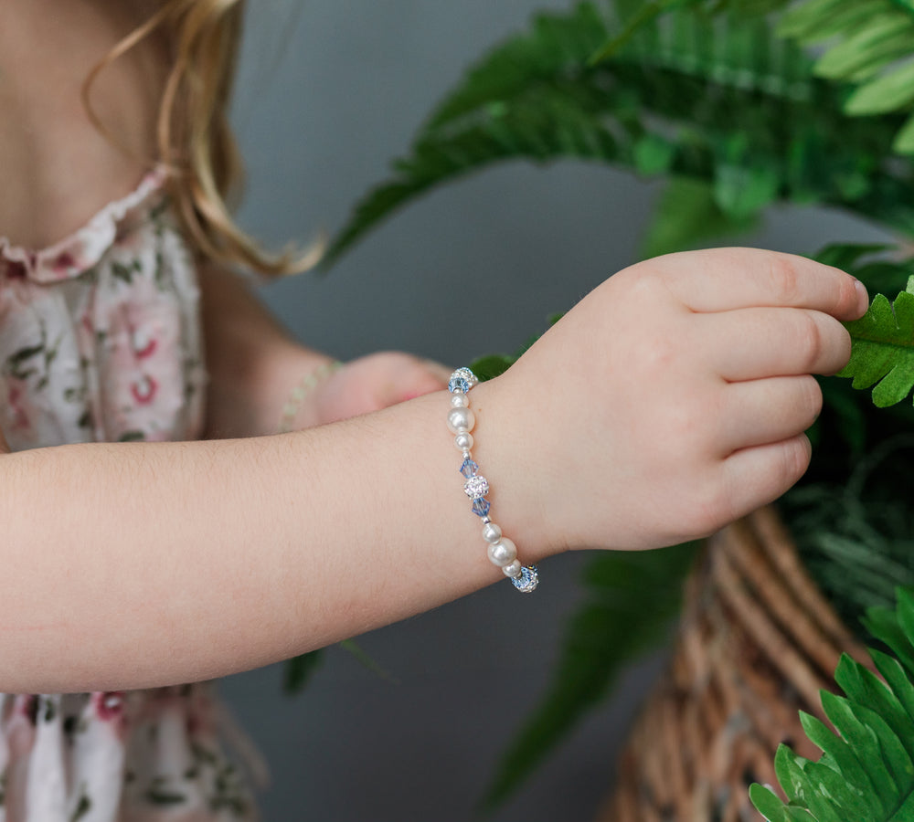 Elsa - Girls Sterling Silver Pearl Kids Bracelet with Blue Crystals