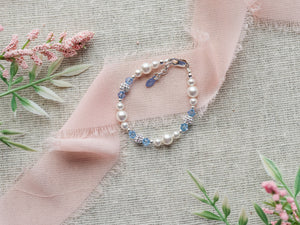 Elsa - Girls Sterling Silver Pearl Kids Bracelet with Blue Crystals