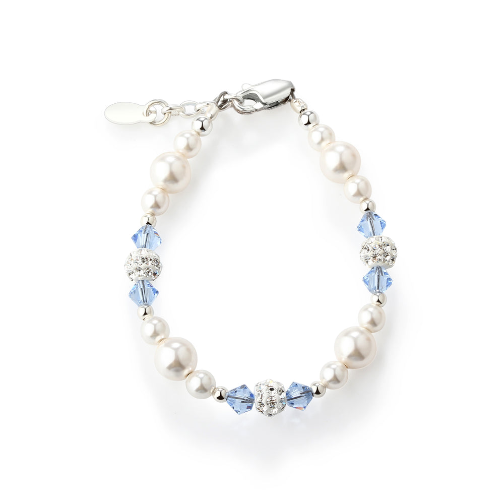 Girls Sterling Silver Simulated Pearl and Blue Crystal Kids Bracelet