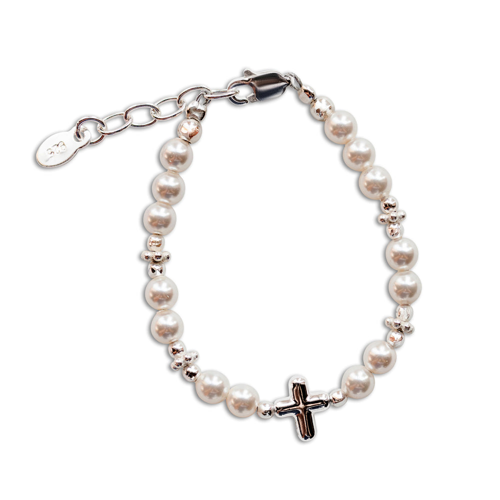 Emily - Girls Sterling Silver Pearl Cross Bracelet for Baptism or First Communion