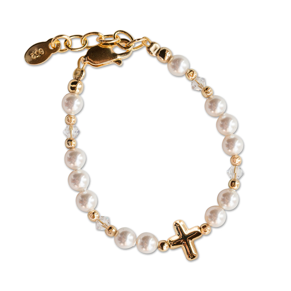 Eve  - 14K Gold-Plated Pearl Bracelet with Cross Baptism or First Communion Gift