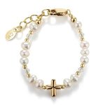 Eve  - 14K Gold-Plated Pearl Bracelet with Cross Baptism or First Communion Gift