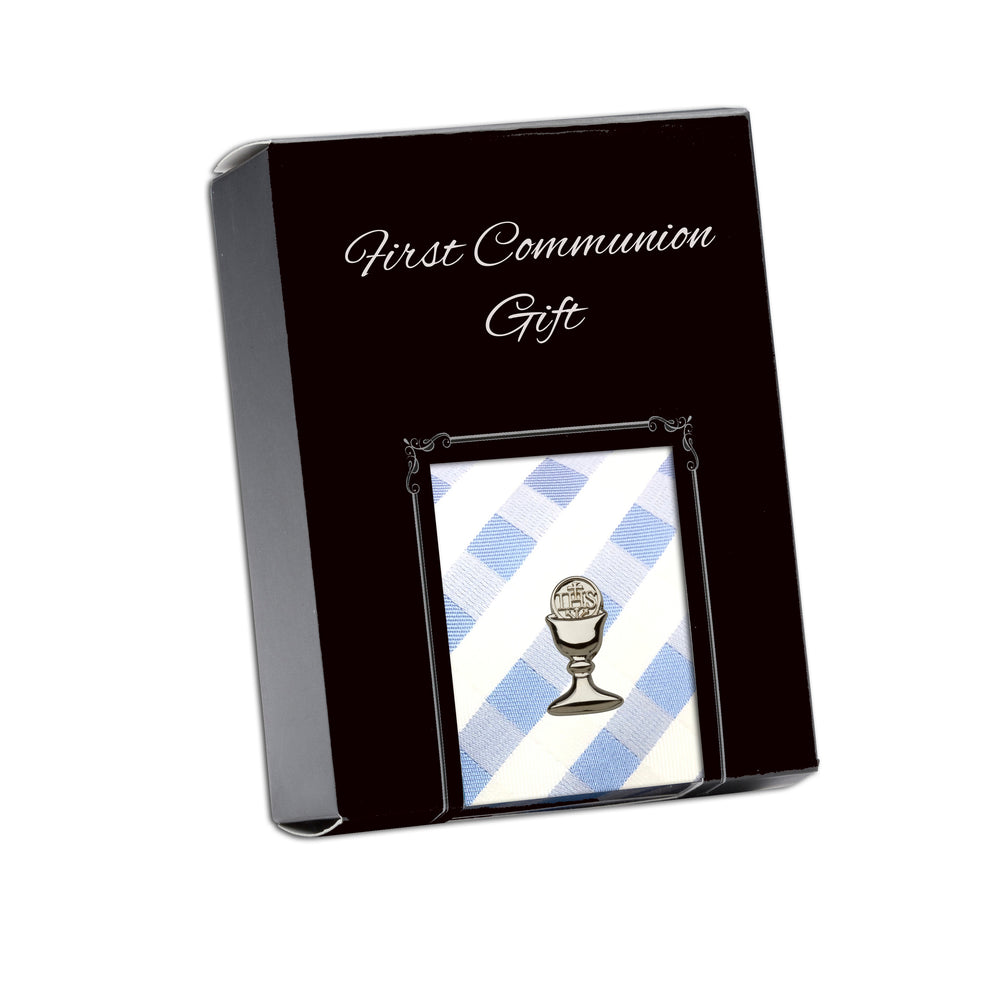 First Communion Blue Check Tie with Silver Chalice Tie Pin Gift Set for Boys