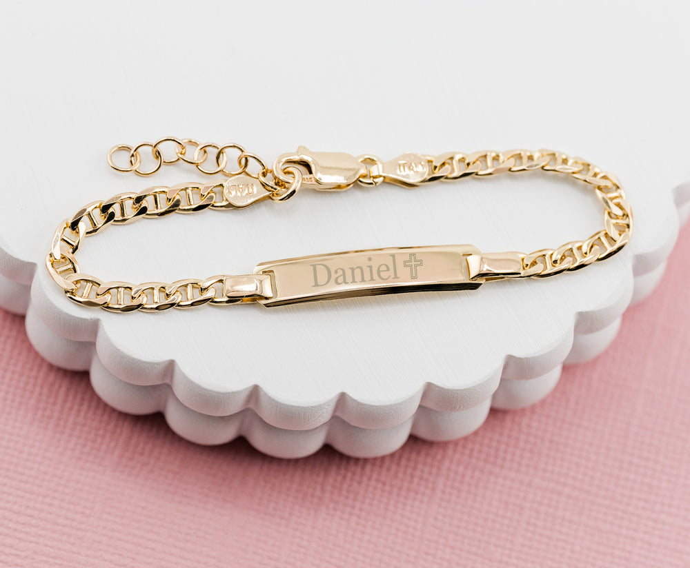 ID Bracelet (Cross) FREE Engraving - Sterling Silver or 14K Gold Plated I.D. Bracelet for Children