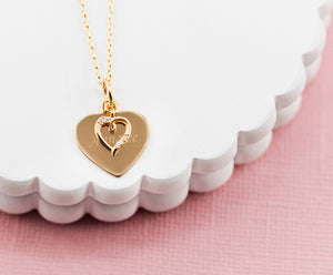 Girls 14K Gold-Plated FREE Engraved Heart with CZ Heart Necklace