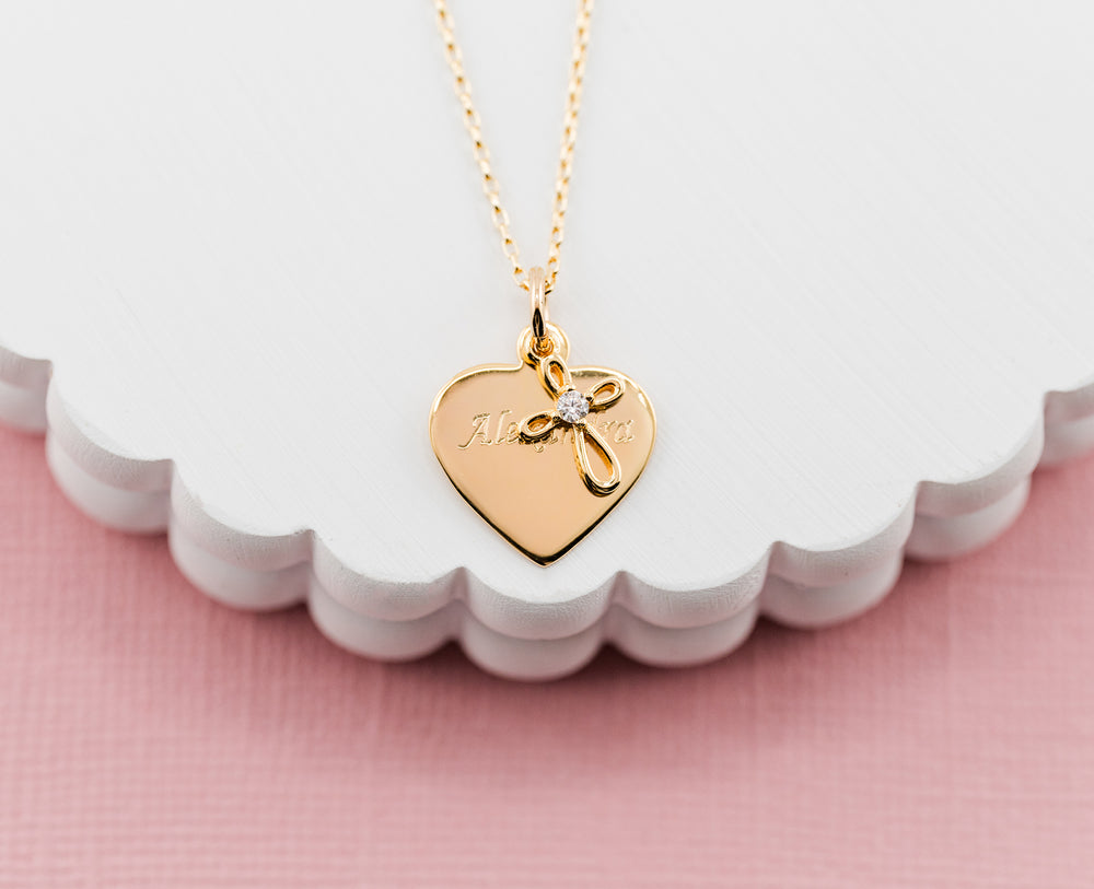 14K Gold-Plated FREE Engraved Heart w/Cross Necklace for Godchild Gift