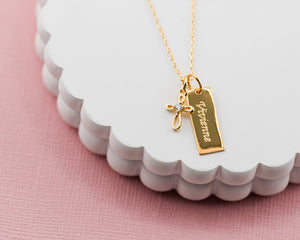 Girls Gold-Plated Bar Necklace with Cross - Engraveable