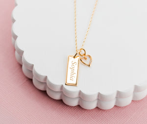 Girls Gold-Plated Bar Necklace with Heart - Engraveable