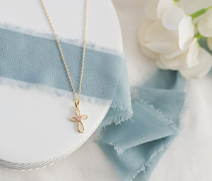 14K Gold-Plated Children's Infinity Cross Necklace with Pink CZ Heart for Girls