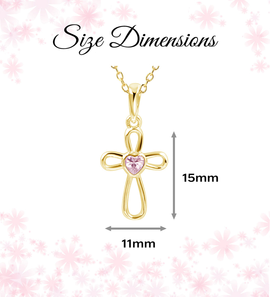 14K Gold-Plated Children's Infinity Cross Necklace with Pink CZ Heart for Girls