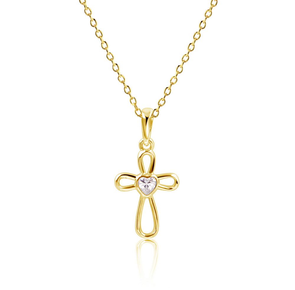 14K Gold-Plated Children's Infinity Cross Necklace with CZ Heart for Girls