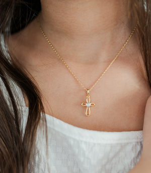 14K Gold-Plated Children's Infinity Cross Necklace with CZ Heart for Girls