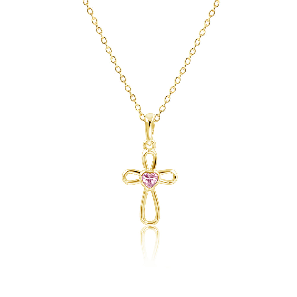 14K Gold-Plated Children's Infinity Cross Necklace with Pink CZ Heart for Girls