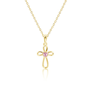 14K Gold-Plated Children's Infinity Cross Necklace with Pink CZ Heart for Girls