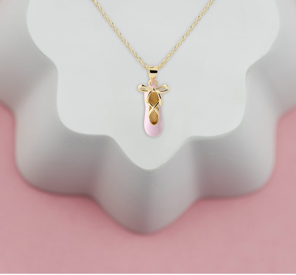 Children's 14K Gold-Plated Pink Ballet Slipper Necklace for Kids and Girls