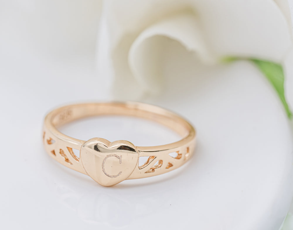 14K Gold Plated Baby Heart Ring - Engraved Initial Heart Ring