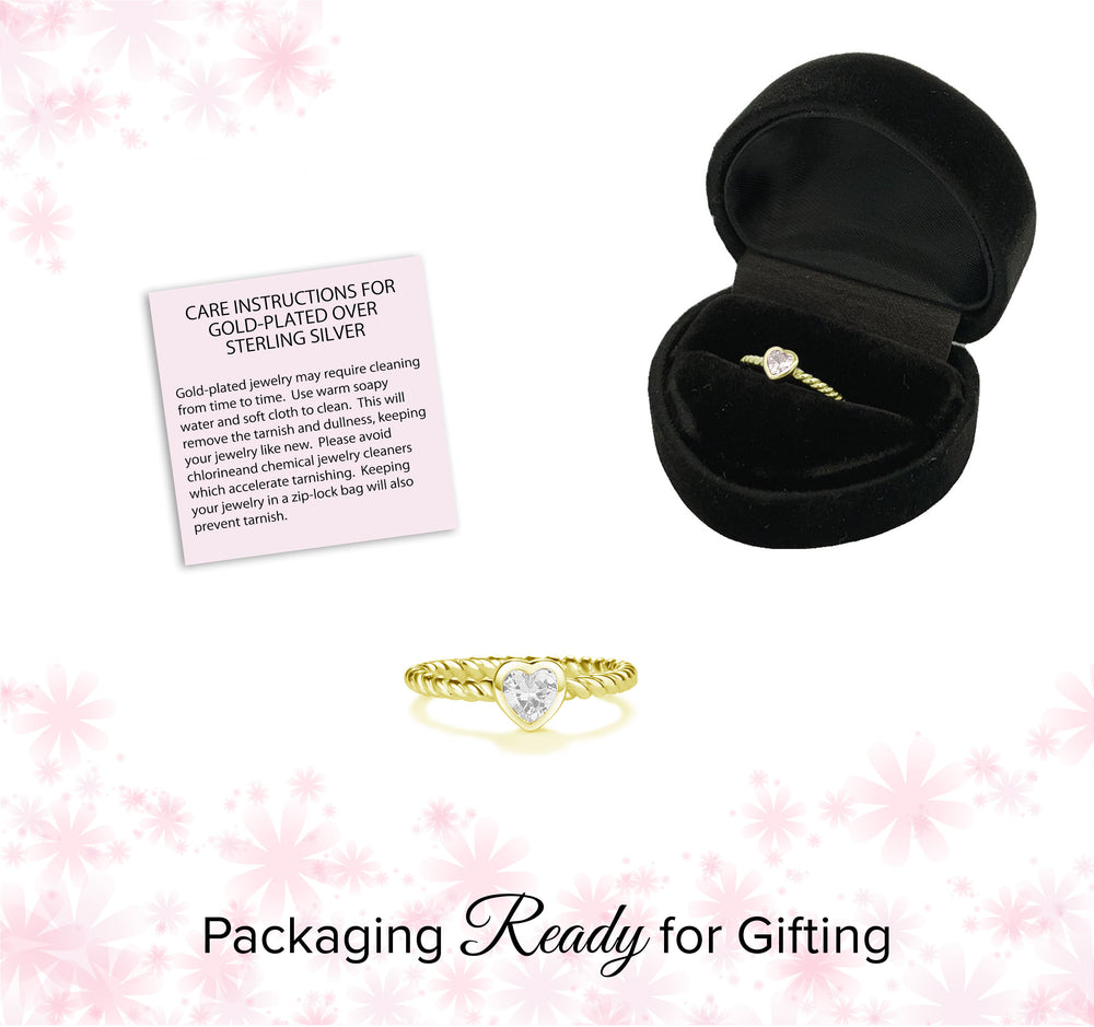 14K Gold-Plated Rope Ring with Clear CZ Heart for Girls