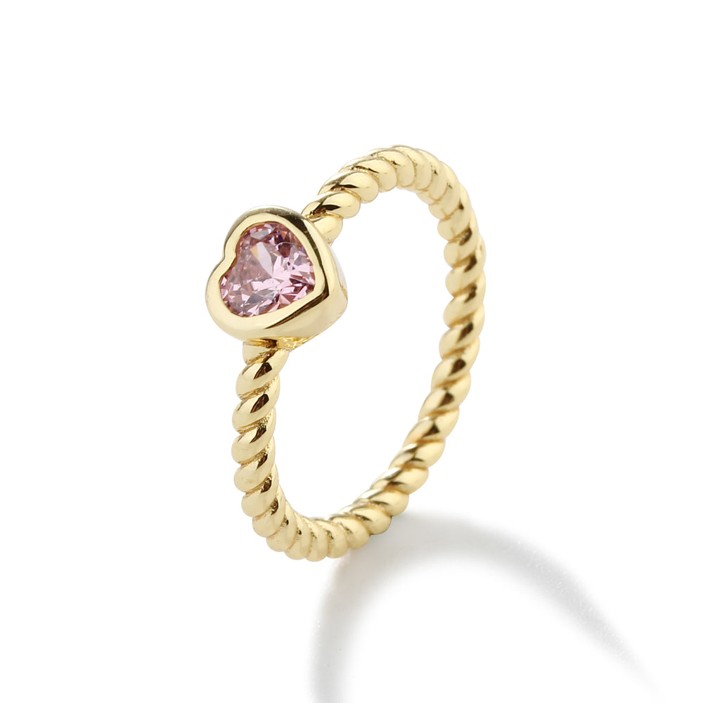 14K Gold-Plated Rope Ring with Pink CZ Heart for Girls