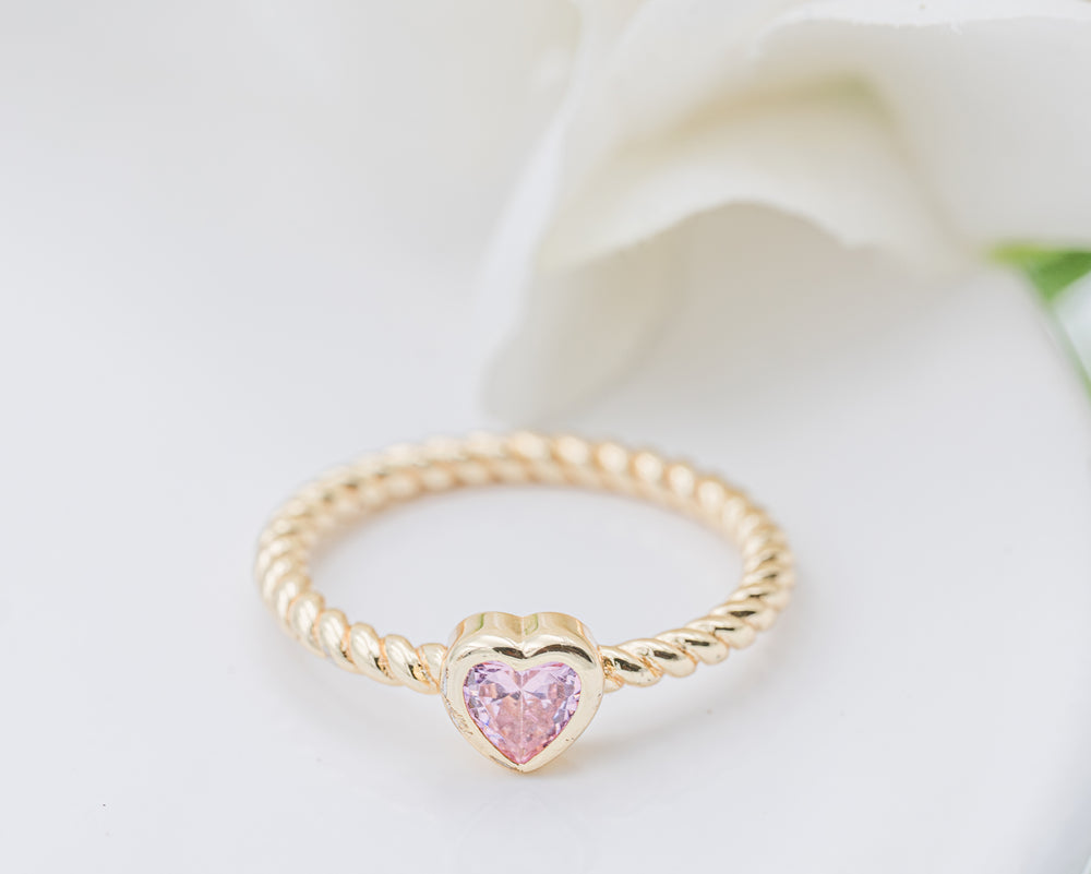 14K Gold-Plated Rope Ring with Pink CZ Heart for Girls