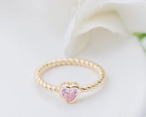 14K Gold-Plated Rope Ring with Pink CZ Heart for Girls