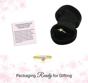 14K Gold-Plated Rope Ring with Pink CZ Heart for Girls