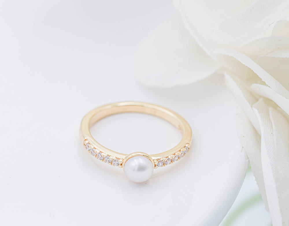 14K Gold-Plated Pearl Baby Ring with CZs for Kids