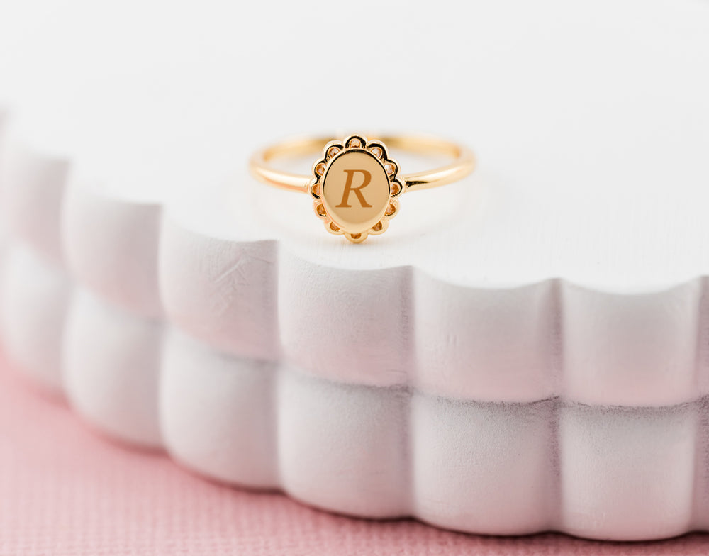 Personalized 14K Gold Plated Scalloped Oval Baby Ring with FREE Personalization