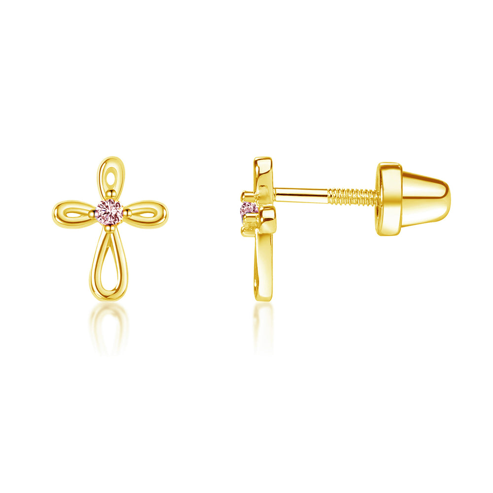 14K Gold-Plated Infinity Pink Cross Earrings for Baptism or Communion