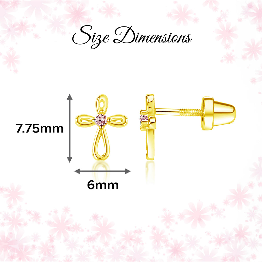 14K Gold-Plated Infinity Pink Cross Earrings for Baptism or Communion