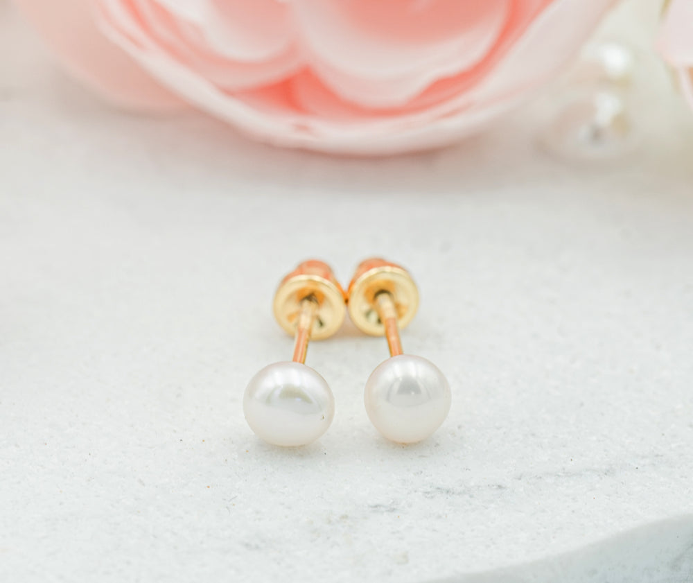 14K Gold-Plated White Pearl Earrings for Babies and Kids