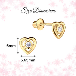 14K Gold-Plated Girls Heart CZ Earrings (Clear)