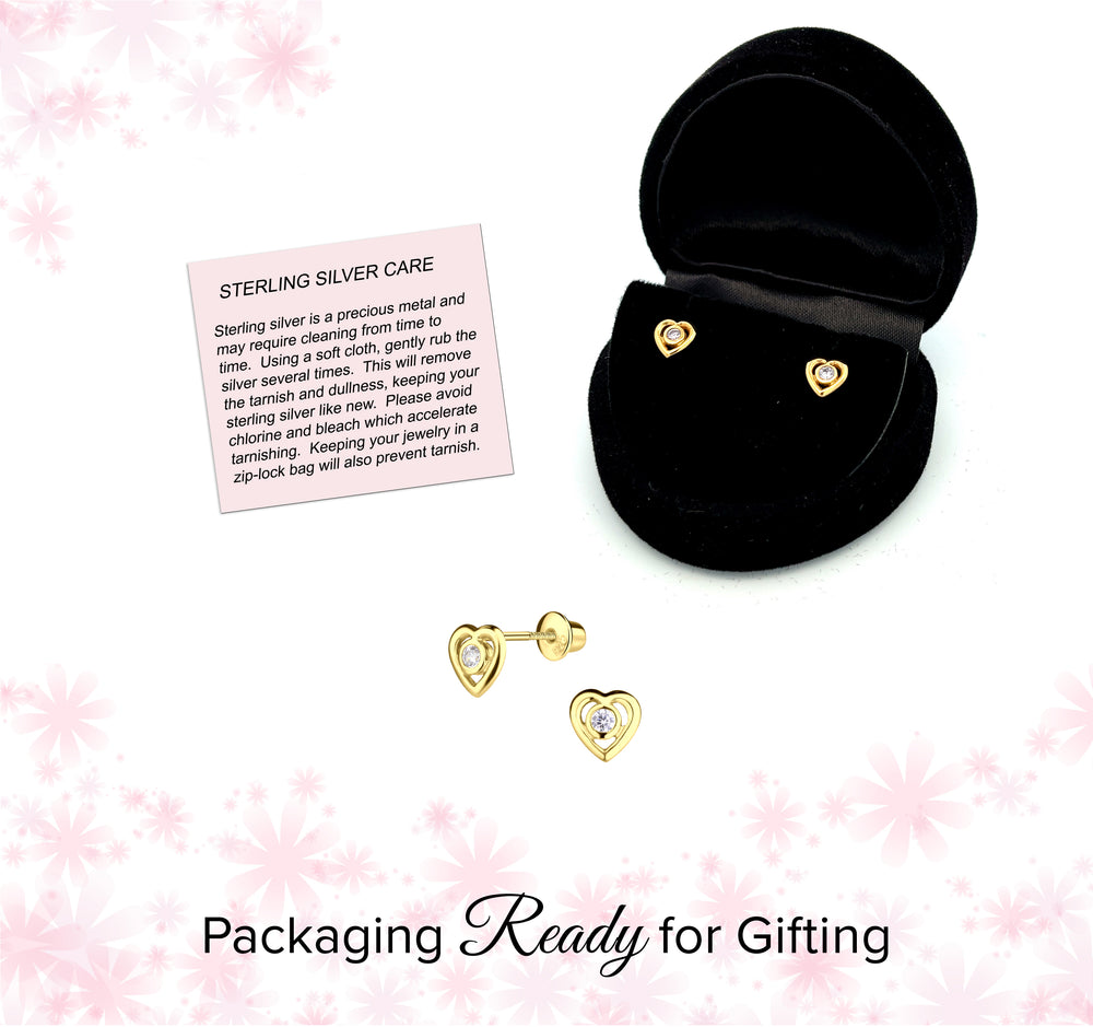 14K Gold-Plated Girls Heart CZ Earrings (Clear)