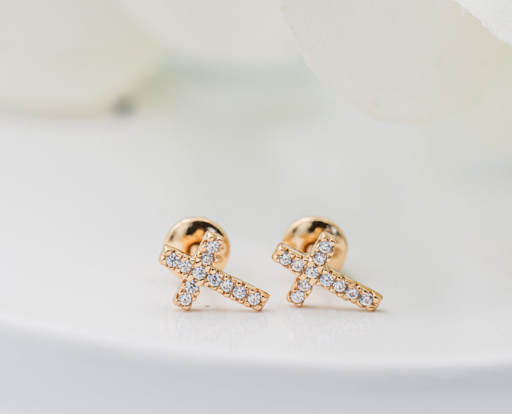 14K Gold-Plated Children's Cross CZ Earrings