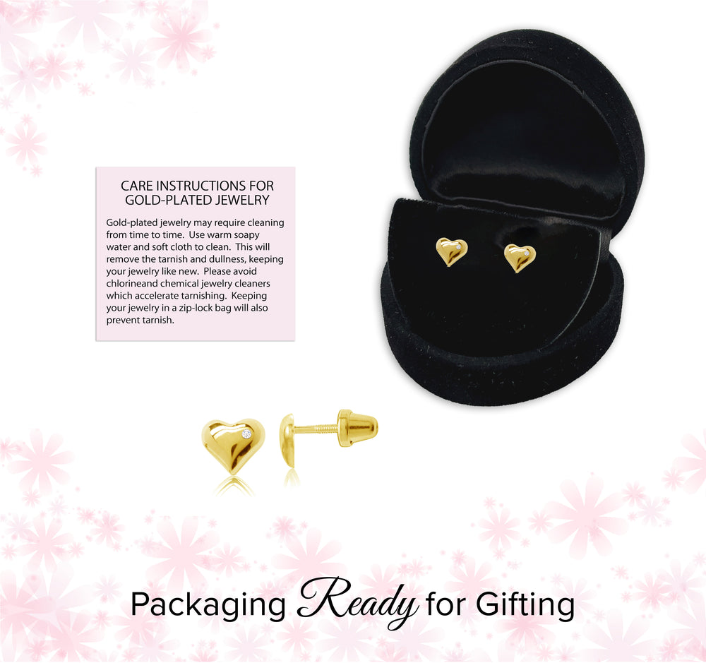 14K Gold-Plated Girls Puff Heart Earrings for Babies and Kids